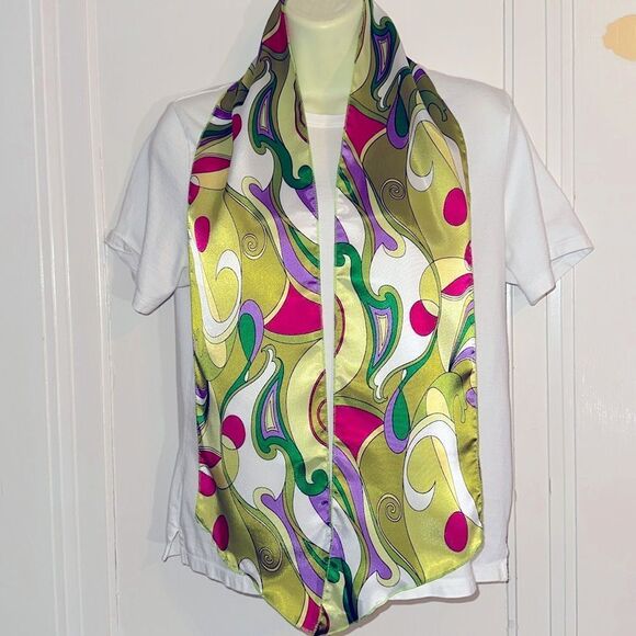 Vintage retro look green, purple, pink & white swirl print long polyester scarf - Picture 1 of 6